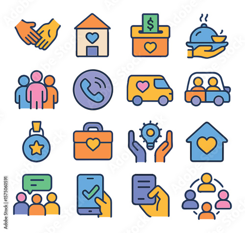 Community Support modern flat .Helping hands, community center, donation box, meal delivery icon, neighborhood group, support hotline, care van, shared ride icon, volunteer badge,