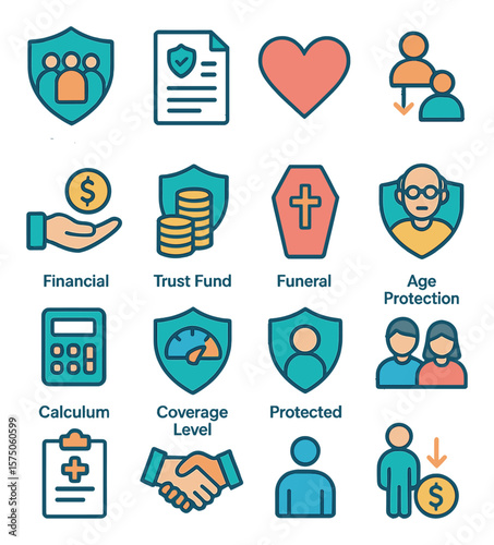 Life Insurance modern flat .Family shield, life policy document, heart icon, beneficiary symbol, financial support, trust fund, funeral cover, age protection, retirement savings,