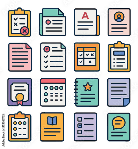 Education Papers modern flat .Exam sheet, homework file, school report card, student application, essay paper, syllabus sheet, grading rubric, lesson plan, diploma certificate,