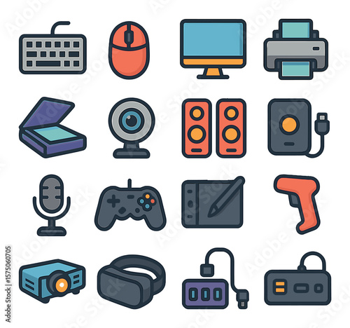 Peripheral Devices modern flat .Keyboard, mouse, monitor, printer, scanner, webcam, speakers, external drive, microphone, game controller, drawing tablet, barcode reader, projector
