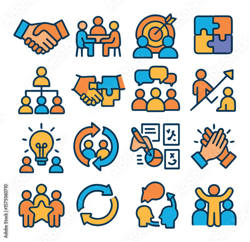 Teamwork and Synergy modern flat .Handshake, group discussion, shared goal, connected puzzle pieces, team chart, collaboration icon, group chat, joint strategy, brainstorming