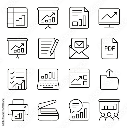 Office analytics tools line art icons. spreadsheet app, presentation chart, printed report, digital whiteboard, projector screen, note-taking icon, email with chart, PDF document,