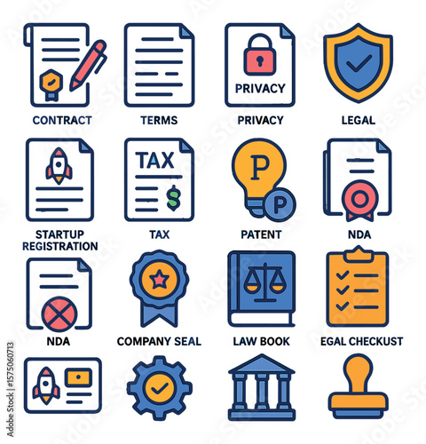 Startup Legal & Compliance modern flat .Contract icon, terms document, privacy policy, legal shield, startup registration, tax form, intellectual property, patent icon, NDA file,
