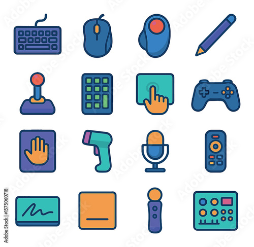 Input Devices modern flat .Mechanical keyboard, ergonomic mouse, trackball, stylus pen, joystick, numeric keypad, touchscreen, gamepad, gesture sensor, barcode scanner, voice