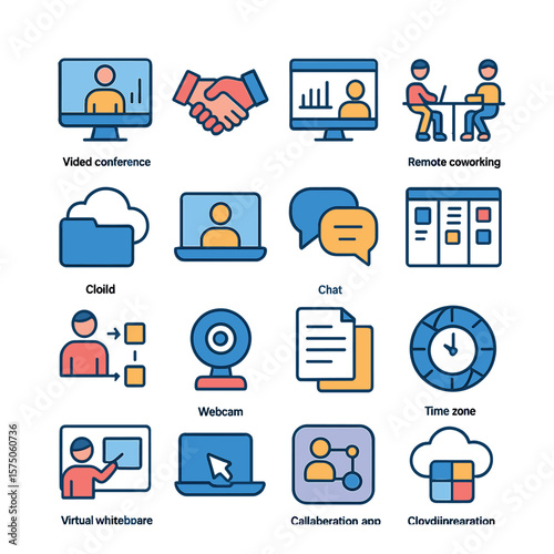 Remote Collaboration modern flat .Video conference, virtual handshake, shared screen icon, remote coworking, cloud folder, online meeting, chat bubble, shared task board, remote