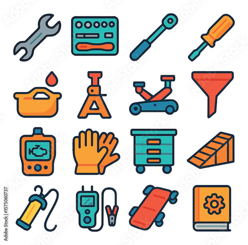 Car Repair Tools modern flat .Wrench, socket set, torque wrench, screwdriver, oil pan, jack stand, car jack, funnel icon, diagnostic scanner, work gloves, tool chest, service ramp,
