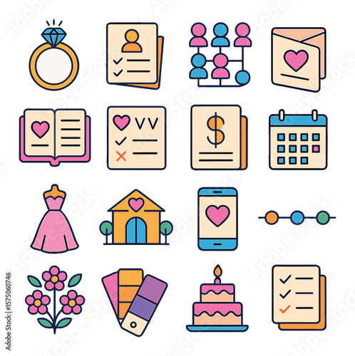Wedding Planning Items modern flat .Wedding ring, guest list, seating chart, wedding invitation, planner notebook, RSVP card, budget sheet, calendar icon, dress fitting, venue icon