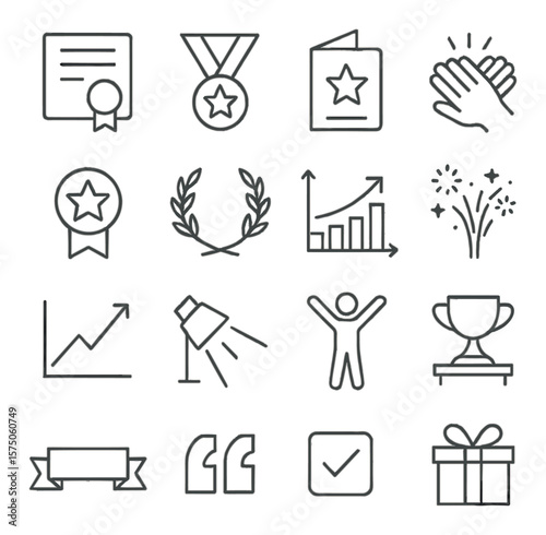 Achievement celebration line art icons. certificate icon, award medal, congratulation note, hand clap, star badge, golden laurel, record breaker, fireworks, performance graph,