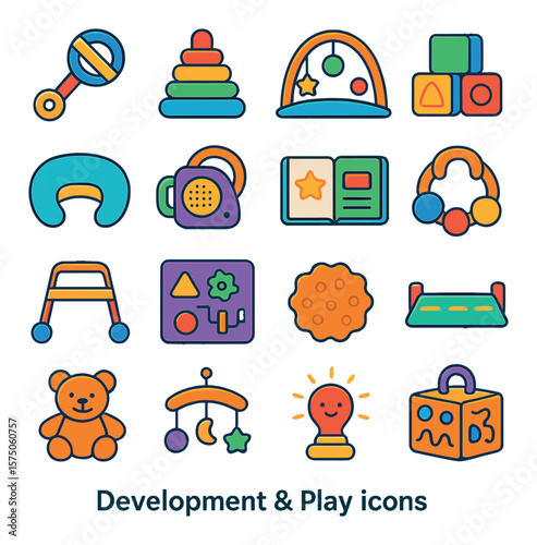 Development & Play modern flat .Rattle toy, stacking rings, play mat, soft blocks, tummy time pillow, musical toy, baby book, teething ring, walker, busy board, sensory ball,