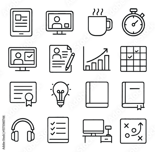Adult learning line art icons. e-reader, webinar icon, coffee mug, time tracker, online workshop, resume writing, growth chart, habit tracker, certification icon, idea bulb,