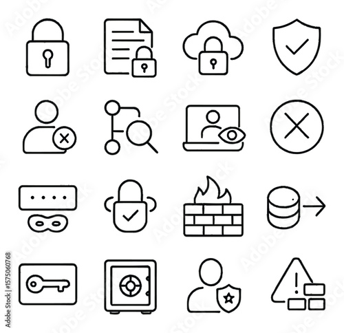 Data security in analysis line art icons. data lock, encrypted file, secure cloud, shield icon, access permission, audit trail, privacy mode, restricted area, masked field, secure