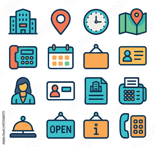 Office Contact Details modern flat .Office building, address pin, working hours, map location, desk phone, meeting calendar, office sign, business card, receptionist icon, contact