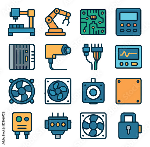 Industrial Hardware modern flat .CNC machine, robotic arm, circuit board, control unit, PLC controller, automation sensor, wiring harness, panel display, fan grid, cooling unit,