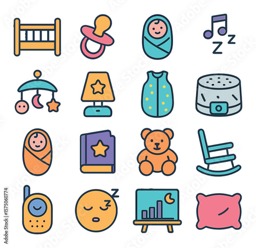 Sleep & Comfort modern flat .Crib icon, pacifier, baby blanket, lullaby note, mobile toy, nightlight, sleep sack, white noise machine, swaddle wrap, bedtime book, soft toy, rocking