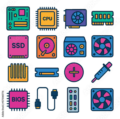 Computer Hardware Components modern flat .Motherboard, CPU, GPU, RAM stick, SSD, HDD, power supply, cooling fan, heat sink, PCIe slot, CMOS battery, thermal paste, BIOS chip, SATA
