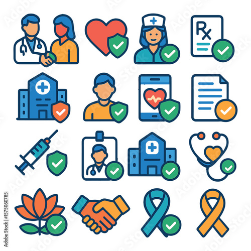 Healthcare Trust modern flat .Doctor handshake, heart with shield, trusted nurse, prescription check, certified hospital, patient trust, health record icon, consent form, safe