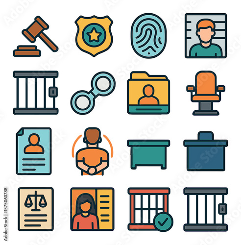 Criminal Justice modern flat .Gavel, police badge, fingerprint icon, mugshot frame, jail cell, handcuffs, criminal file, interrogation chair, legal charge sheet, arrest icon,