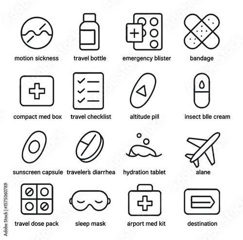 Travel medicine kit line art icons. motion sickness pill, travel bottle, emergency blister, bandage icon, compact med box, travel checklist, altitude pill, insect bite cream,