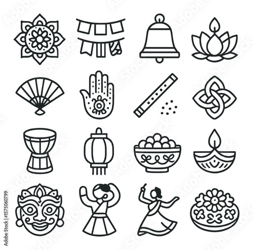 Multicultural celebrations line art icons. mandala icon, prayer flag, temple bell, lotus candle, festival fan, mehndi hand, traditional flute, rice pattern, unity knot, sacred drum