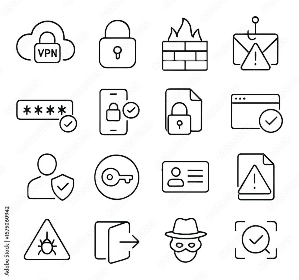 Online safety tools line art icons. VPN icon, secure lock, firewall barrier, phishing alert, password input, two-factor auth, data encryption, safe browser, user shield, access Online safety tools line art icons. VPN icon, secure lock, firewall barrier, phishing alert, password input, two-factor auth, data encryption, safe browser, user shield, access