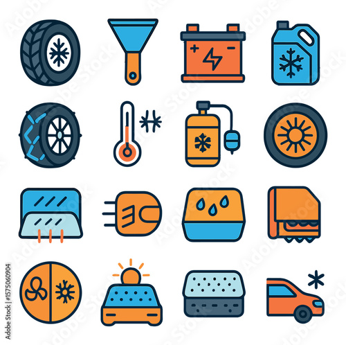 Seasonal Car Prep modern flat .Snow tires, windshield scraper, battery warmer, antifreeze icon, tire chains, heater check, AC recharge, summer tires, defrost icon, fog light, rain