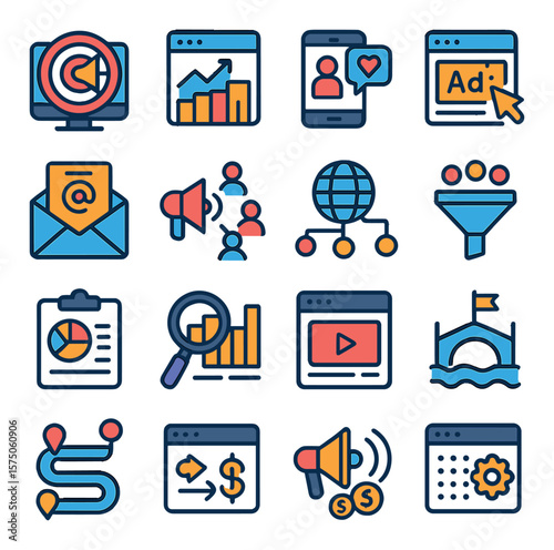 Online Marketing modern flat .Targeted ad, SEO chart, social engagement, ad click, email campaign, user reach, traffic source, funnel icon, market analysis, keyword stats,