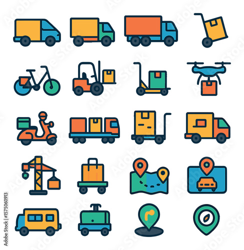 Transport Vehicles modern flat .Cargo van, delivery truck, semi-trailer, hand trolley, cargo bike, forklift, pallet jack, drone delivery, scooter courier, train freight, warehouse