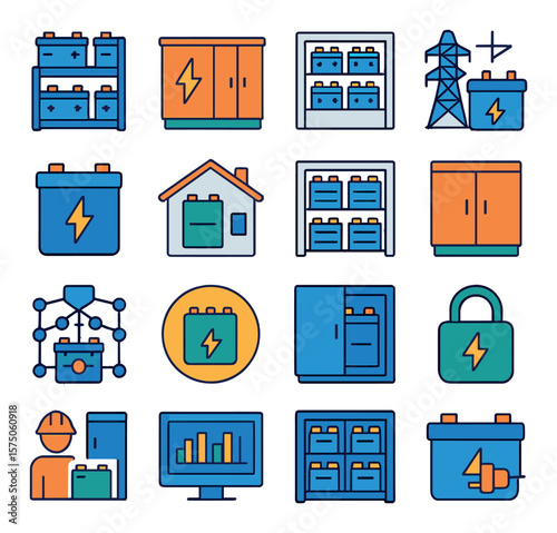 Battery Storage & Infrastructure modern flat .Battery rack, storage unit, battery room, power grid battery, battery backup system, home battery wall, server room battery, utility