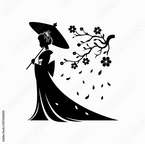 Minimalist Black Vector Logo of Japanese Geisha Holding Umbrella Under Falling Sakura Tree Isolated on White Background