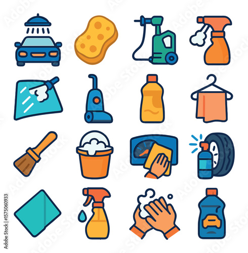 Car Wash & Cleaning modern flat .Car wash icon, sponge, pressure washer, foam spray, windshield cleaner, vacuum cleaner, wax bottle, drying towel, detailing brush, cleaning bucket,