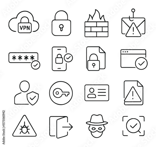 Online safety tools line art icons. VPN icon, secure lock, firewall barrier, phishing alert, password input, two-factor auth, data encryption, safe browser, user shield, access