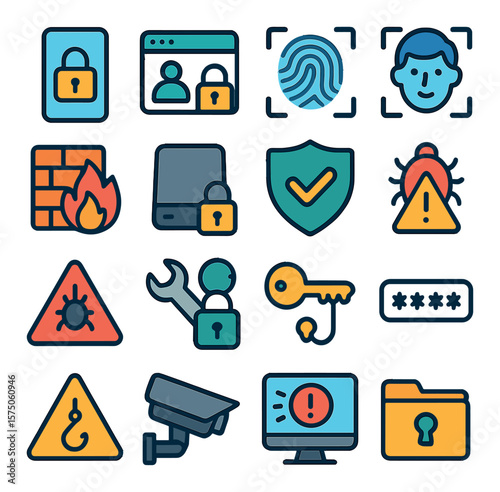 Computer Security modern flat .Lock screen, secure login, fingerprint reader, face recognition, firewall icon, encrypted drive, antivirus alert, malware warning, secure connection,