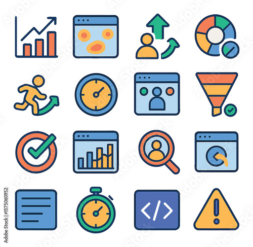 Website Analytics Tools modern flat .Visitor graph, heatmap, conversion rate, traffic source icon, bounce rate, average session time, real-time visitor, funnel chart, goal