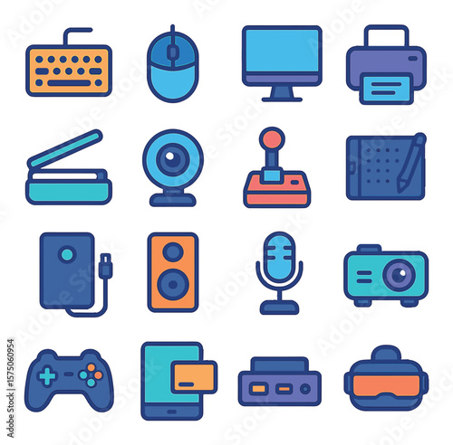 Computer Peripherals modern flat .Keyboard, mouse, monitor, printer, scanner, webcam, joystick, drawing tablet, external hard drive, speaker, microphone, projector, game controller