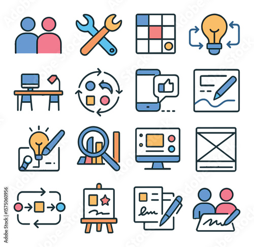 Co-Creation Process modern flat .Creative duo, joint tools, content planner, idea flow, shared workspace, creation loop, feedback tools, joint edit icon, co-design sketch, result