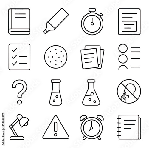 Exam Preparation line art icons. study guide, highlighter, timer icon, exam sheet, checklist icon, stress ball, flashcards, multiple choice bubbles, question mark, open book, test