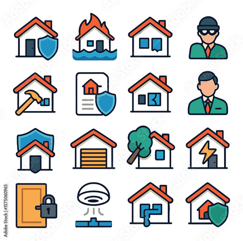 Home Insurance modern flat .House with shield, fire damage, flood icon, burglary protection, roof repair, home policy document, broken window, insurance agent, property coverage,