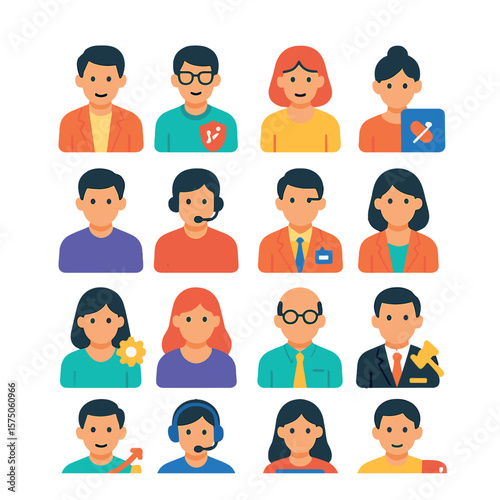 Startup Team Roles modern flat .Founder icon, CTO badge, marketing head, UX designer, developer icon, sales lead, operations manager, HR rep, finance analyst, product manager,