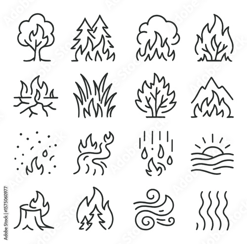 Wildfire nature scenes line art icons. burning tree, forest fire, smoke cloud, fire spread, scorched earth, dry grass, blazing bush, mountain fire, ash particles, fire trail,