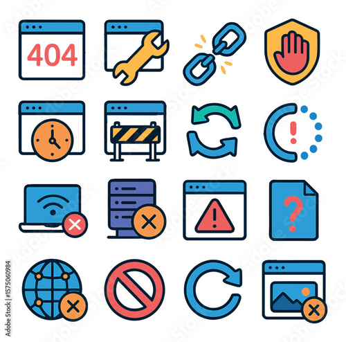 Website Error Pages modern flat .404 error, maintenance page, broken link icon, access denied, page timeout, site under construction, redirect icon, loading error, offline icon,