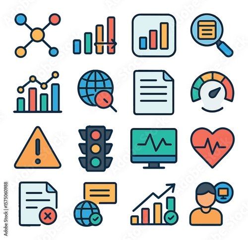 Network Monitoring modern flat .Network graph, signal meter, ping icon, packet analyzer, bandwidth chart, traffic light, log file, performance gauge, alert triangle, system log,