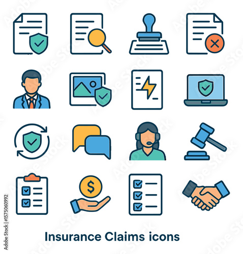Insurance Claims modern flat .Claim file, document review, stamp approval, denied form, insurance adjuster, photo evidence, damage report, claim processing, status update,