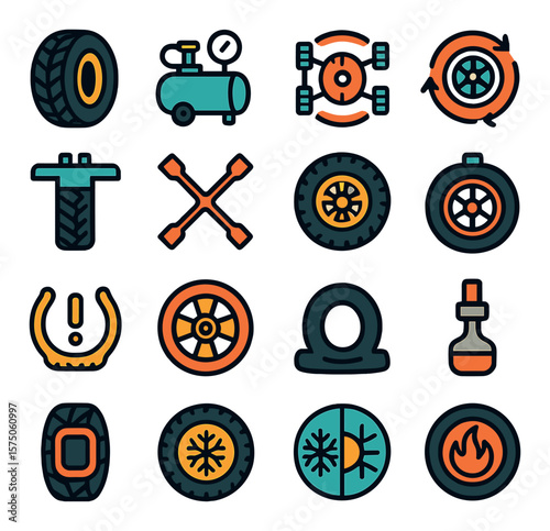 Tire & Wheel Service modern flat .Tire icon, air compressor, wheel alignment, tire rotation, tread depth gauge, lug wrench, spare tire, balancing weight, tire pressure sensor, rim