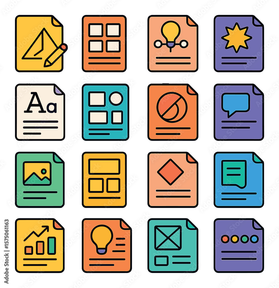 Creative & Design Docs modern flat .Sketch page, storyboard sheet, branding concept paper, creative brief, typography guide, mood board printout, logo draft, design feedback sheet,