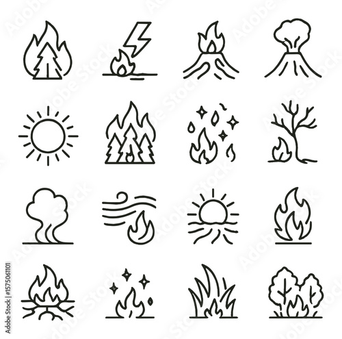 Natural fire elements line art icons. wildfire, lightning strike, lava flow, volcano, sun icon, burning forest, sparks, charred tree, smoke plume, hot wind, desert heat, fire whirl