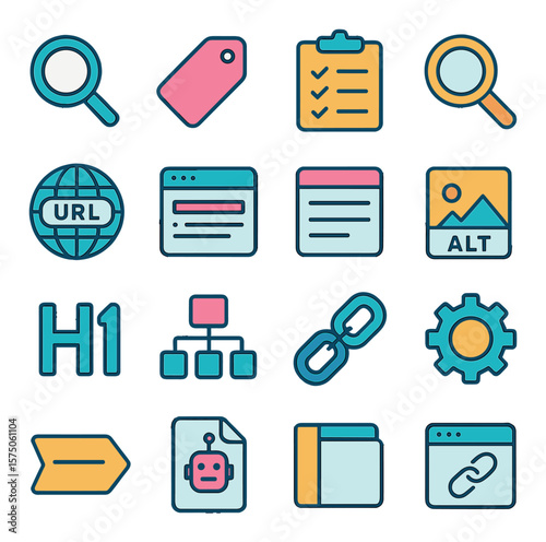 SEO Basics modern flat .Search icon, keyword tag, SEO checklist, magnifying glass, globe with URL, SERP page, meta description, alt text icon, H1 heading, sitemap icon, anchor text