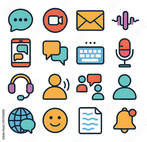 Online Communication modern flat .Chat bubble, video call icon, email envelope, voice message icon, smartphone with chat, messaging app icon, keyboard typing, microphone, headset,