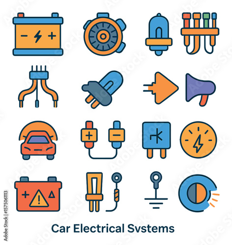 Car Electrical Systems modern flat .Car battery, alternator, starter motor, fuse box, wiring harness, headlight bulb, indicator light, car horn, dashboard light, battery terminal,