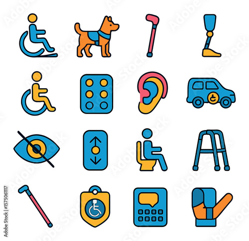 Disability Support modern flat .Wheelchair ramp, assistance dog, support cane, prosthetic limb, accessibility sign, Braille icon, hearing device, adapted vehicle, visual aid icon,