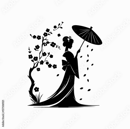 Minimalist Black Vector Logo of Japanese Geisha Holding Umbrella Under Falling Sakura Tree Isolated on White Background